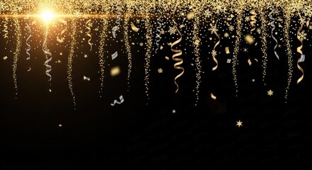 Abstract festive background with gold glitter Christmas particles glowing light flare confetti sparkle stars magic dust luxury texture shiny glow celebration illustration