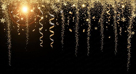Abstract festive background with gold glitter Christmas particles glowing light flare confetti sparkle stars magic dust luxury texture shiny glow celebration illustration