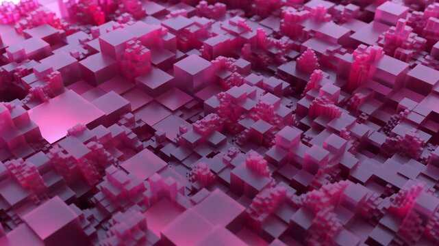 Abstract flying over a pink blocky landscape