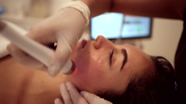 Young woman relaxing during a non invasive radiofrequency lifting procedure performed by a professional cosmetologist to rejuvenate her skin and reduce wrinkles in a modern beauty clinic