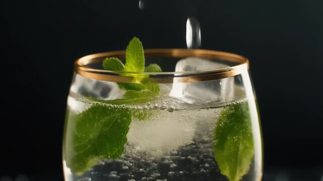 Close-up of a glass with mint leaves and ice on a dark background with a drop of water falling into it.