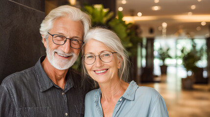 Senior couple in hotel lobby. Elderly husband and wife enjoying a day together. Concept of love, travel, active senior lifestyle. Blurred interior background.	