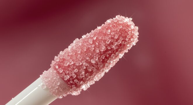 Luscious pink lip gloss applicator covered in shimmering sugar crystals on a modern pink backdrop