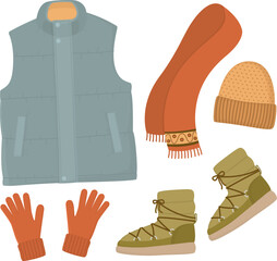 Stilish illustration with warm outfit. Puffer vest, scarf, gloves, beanie and shoes