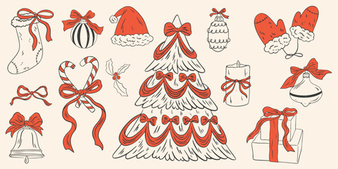 Vintage chalk Christmas set. Hand drawn retro new year decor, Christmas tree, toys, gift, socks, mittens in crayon style. Vector La dolce vita whimsical drawing for menus and invitations.