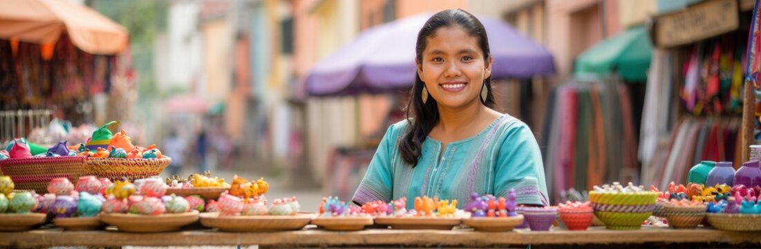 A cheerful woman stands behind a stall filled with vibrant handcrafted items in a lively market setting, showcasing local culture and craftsmanship.