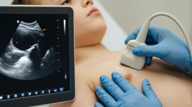 Video of pediatric cardiologist performing child heart ultrasound, doctor&rsquo;s hand holding sensors analyzing heartbeat
