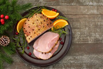  Delicious boiled pork. Christmas food. View from above.