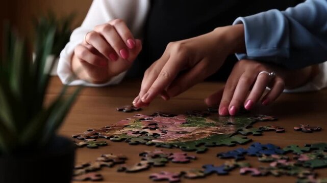 A macro view of therapist and client hands taking turns placing puzzle pieces together on a table. The collaborative process of gaining insight and shared understanding.