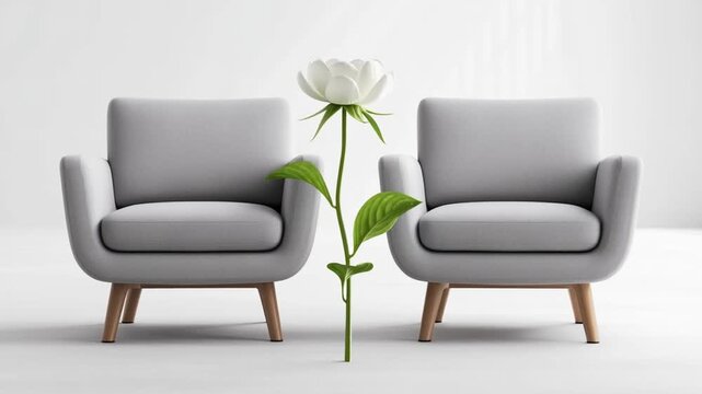 Two identical chairs facing each other in an empty light space with a delicate plant growing between them. Symbolizing the therapeutic alliance and growth in a neutral, safe container.