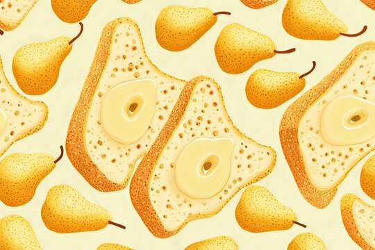 A repeating pattern of illustrated toast slices topped with slices of pear and butter
