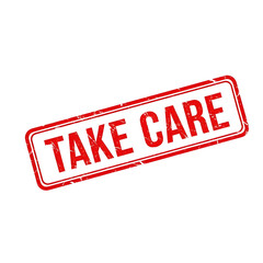 Red distressed rubber stamp with the words take care in a textured font isolated on transparent background