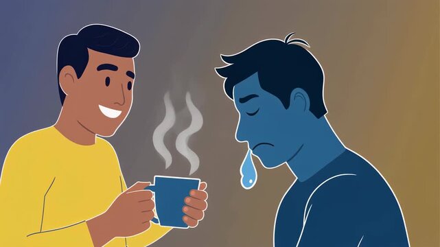 Person offering a steaming mug of hot beverage to a sad, tearful person for support, showing empathy and care through a kind gesture in an illustrative vector style.