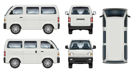 Vector mockup of small passenger van for corporate identity or vehicle branding. View from the side, front, rear and top. All elements in the groups are in separate layers for easy editing and recolor