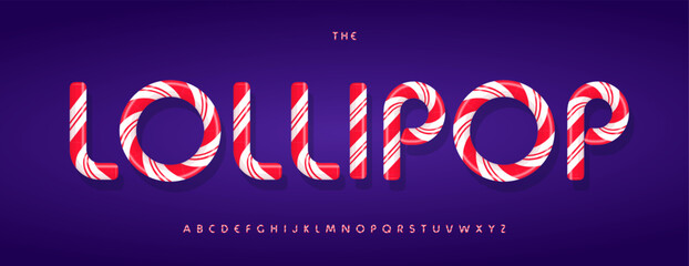 Lollipop Cane Font, Sugar Candy Alphabet, Red White Stripes Letters for Birthday Party Headline Logo Typography, Funny Xmas Typescript, Bakery Sweet Dessert. 3D Kids Holiday Fonts. Vector Typeset