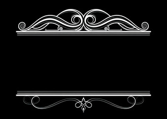 Ornate vintage film frame border with decorative flourishes and central divider on black background. Classic silent era aesthetic ideal for retro cinema themes, elegant certificates, formal designs.
