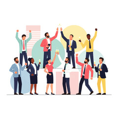 Obraz premium A diverse group of cheerful business people in formal wear celebrating success with a champagne toast. Flat vector illustration of corporate teamwork