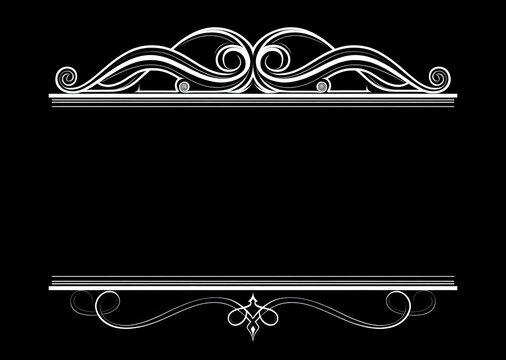 Ornate vintage film frame border with decorative flourishes and central divider on black background. Classic silent era aesthetic ideal for retro cinema themes, elegant certificates, formal designs.
