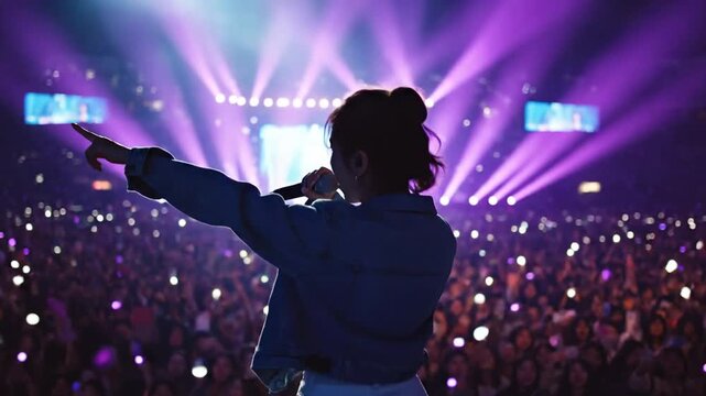 Korean k pop idol woman musician singer sing on stage performing live concert. Audience fans with hands raised cheering. Music festival or night event concept. Kpop Korea culture.