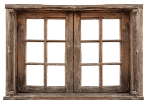 Rustic Wooden Window Frame with Glass Panes in Natural Finish