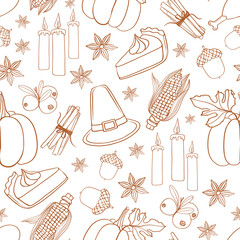 Seamless Thanksgiving pattern with pumpkins, corn, pies, candles, acorns, cranberries, star anise, and pilgrim hats. Festive design for  textiles, packaging, wrapping, scrapbooking and party decor.
