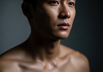 Asian man upper body, glossy skin catching a single soft key light, deep negative space, blurred background