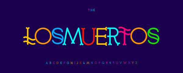 Witty Colored Font Logo Alphabet Festive Latin Playful Typography, Creative Mexican Lettering for Dim De Los Muertos Title, Kids Birthday, Carnival Poster Headline, Party Branding. Vector Typeset