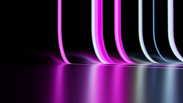 Glowing curved neon lines moving on a reflective surface