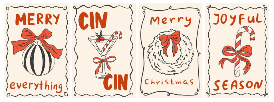 Hand drawn ink Christmas greeting card set. Retro vintage Xmas elegant drawing set in minimalist style with frame, wreath, Christmas tree, martini and candy cane. Whimsical vector illustration