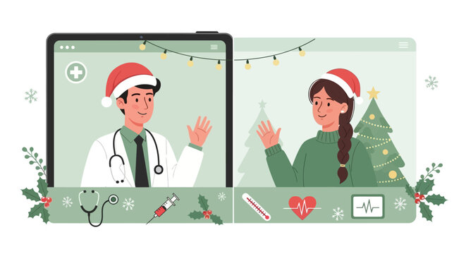 Cheerful Christmas telehealth visit with friendly doctor and patient connecting online for holiday health advice and wellness tips during the festive season