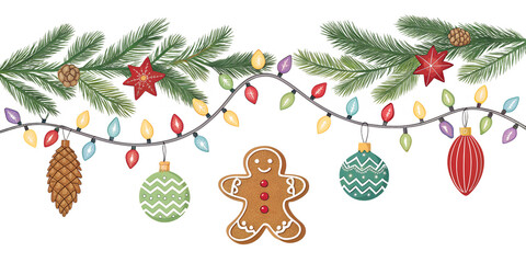 Christmas garland with lights, baubles, gingerbread cookies, and pine branches isolated on white background.