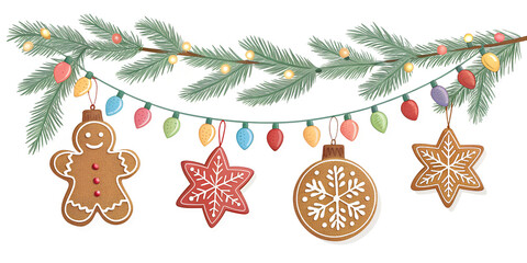 Christmas garland with lights, baubles, gingerbread cookies, and pine branches isolated on white background.