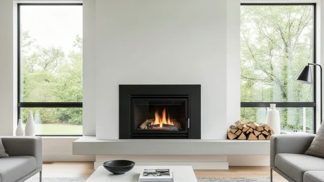 Minimalist modern living room with sleek black fireplace insert, large windows overlooking green forest, natural light, contemporary furniture, and clean architectural design

