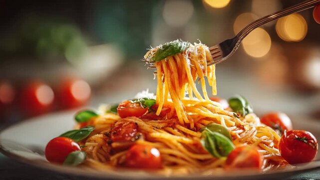 Fresh Italian spaghetti pasta with tomato sauce, cherry tomatoes, basil leaves, parmesan cheese on fork, bokeh lights, gourmet food photography closeup shot

