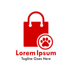 Pet shop logo. A red shopping bag icon with a white paw print. Simple, bold design for a pet store, animal supplies, retail, or grooming business.