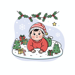 Cute cartoon baby character in a Santa hat surrounded by Christmas gifts and snow illustration.