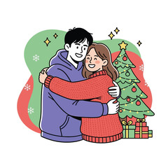 Happy romantic couple hugging near a decorated Christmas tree illustration.