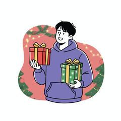 Young man holding holiday gifts illustration in festive Christmas setting.