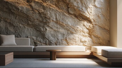 modern interior detail with raw stone wall texture, soft daylight, minimalist furniture, earthy palette, natural shadows, biophilic design