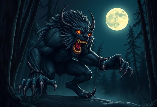 Ferocious bipedal lycanthrope illustration, fangs bared, glowing eyes, claws extended under a full moon in a dark forest Digital art,  glowing eyes,  supernatural