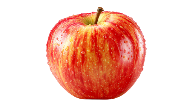 Red and yellow striped apple with water droplets
