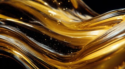motion of golden liquid captured mid air, flowing curves, sparkling reflections, symbolizing energy, inspiration, and artistic movement, clean