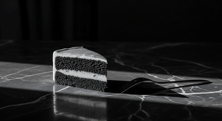 An artistic still life of a single slice of dark chocolate layer cake on a black marble table, highlighted by dramatic light and deep shadows