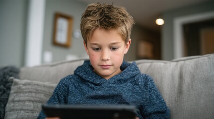 A young boy sits on a couch, focused on a tablet in a comfortable living room. The atmosphere is relaxed and inviting, perfect for family time.