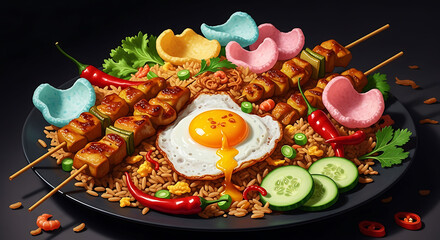 Delicious Nasi Goreng with Satay Skewers and Fresh Vegetables on a Dark Background