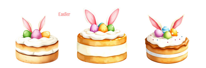 Set of watercolor Easter cakes, Easter cake, rabbit ears, with eggs on top, filled with white glaze. Hand painted in soft warm colors, isolated on white background, vector illustration. For holiday de