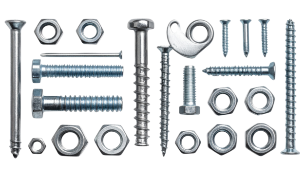 Nails, screw, bolt, and nut hardware set isolated on solid white background 
png