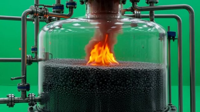 Detailed Animation of a Chemical Reactor with Fire Simulation on a Green Screen Background