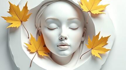 An enchanting, professionally AI-generated white draped sculpture of a female face with two striking golden autumn maple leaves, excellent for graphic design, UI, and UX.