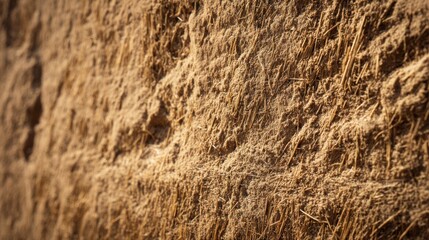 rough clay wall with small imperfections and embedded straw texture, illuminated by warm sunlight, artisanal craftsmanship aesthetic
